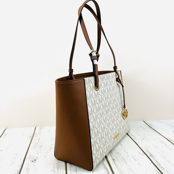 Michael Kors Signature Logo Walsh Medium Tote Vanilla Brown Shoulder Bag - Picture 4 of 12